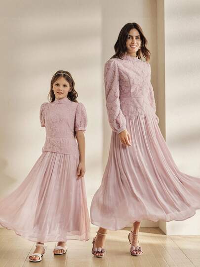 Anewsta Girls Elegant Fashion Mandarin Collar Short Sleeve Pearl Beaded Mesh Pink Dress, Suitable For Daily Wear, Birthday Party, Holiday Gathering, Spring/Summer, Children Clothing