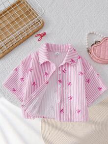 SHEIN Genkimix Kids 夏季新款少女粉白条纹可爱粉色蝴蝶结落肩休闲短款衬衫，适合度假、休闲、外出、街头摄影等活动 - 彩色 - 查看 3
