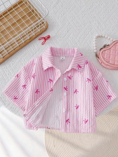 SHEIN Genkimix Kids Summer New Young Girl Pink & White Striped Cute Pink Bow Drop-Shoulder Casual Short Shirt, Suitable For Vacation, Leisure, Outing, Street Photography Activities
