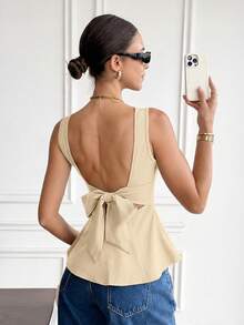 Camisa de lino sin mangas para mujer con cuello barco, estilo bohemio, con bloques de color, espalda descubierta, con lazo - Albaricoque - Ver 6