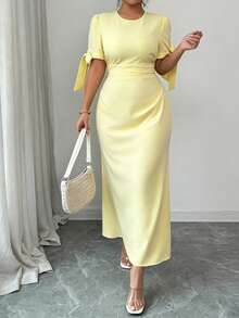 Elenzga Vestido de vacaciones elegante y ajustado de unicolor para tallas grandes - Amarillo - Ver 3
