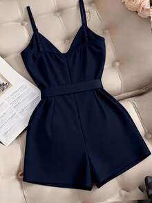 GlowEve CURVE Plus Size Women Solid Color Tie Waist Romper - Navy Blue - View 2