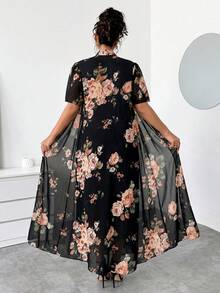 Elenzga Chaqueta elegante de manga corta con estampado floral y volante en el bajo, talla grande - Negro - Ver 2