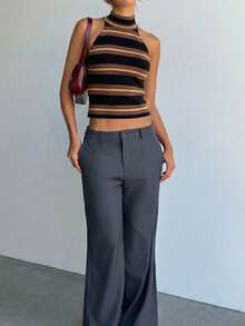 Aloruh Top de punto de rayas minimalista sin mangas, estilo universitario - Café integral - Ver 5