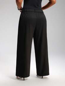 SHEIN EZwear Quần ống rộng màu trơn cỡ lớn, cài cúc, kiểu dáng thường ngày, thích hợp cho lễ tốt nghiệp, tựu trường, hoặc trang phục giáo viên dành cho nữ mùa thu/đông. - màu đen - Xem 2