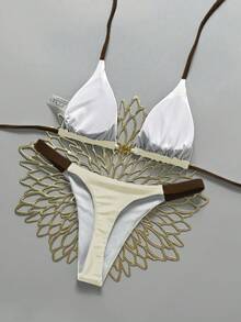 SHEIN Swim Vcay Bộ bikini hai mảnh dành cho nữ, họa tiết vỏ sò, buộc dây cổ, phối màu tương phản, thích hợp cho kỳ nghỉ biển. - Màu vàng - Xem 2