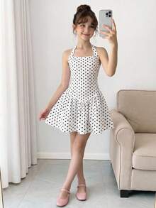 SHEIN Girlism Teen Girl Polka Dot Print Fashion Halter Dress Teen Girls Tween Girls Casual Dresses For Girls Birthday Dresses For Girls Youth Girl Clothes - Black and White - View 2