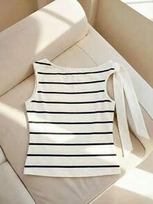 SHEIN Áo nữ bán chạy với họa tiết sọc và ruy băng, kiểu dáng bất đối xứng, vai lệch. - Nhiều màu - Xem 2