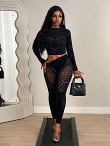 BamGleam Women's Hollow-Out Sheer Tight-Fitting 2 Pieces Set Night Out Black Summer - Black - View 7