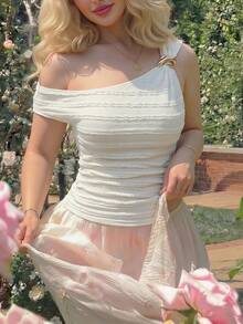 SHEIN MOD 大码露肩金属扣纹理面料上衣，甜美夏季休闲装 - 米色 - 查看 8