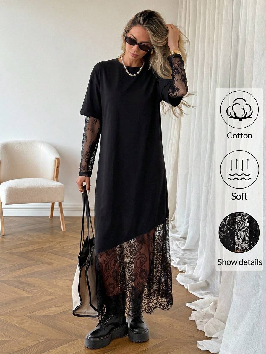 Easowa Đầm ren cổ tròn tay ngắn màu trơn, dáng rộng, thoải mái, thích hợp cho các buổi đi chơi và đi làm, trang phục sân bay, đầm dành cho phụ nữ trung niên, đầm dự tiệc, đầm đồng phục giáo viên, đầm thanh lịch cho phụ nữ - màu đen - Xem 1