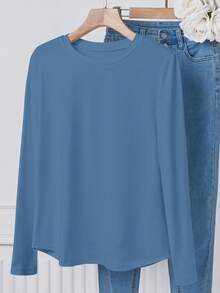 SHEIN LUNE Fitted Solid Color Crew Neck Long Sleeve Casual T-Shirt, Spring/Summer - Dusty Blue - View 3