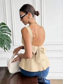 Camisa de lino sin mangas para mujer con cuello barco, estilo bohemio, con bloques de color, espalda descubierta, con lazo - Albaricoque - Ver 7