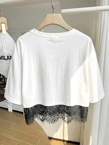 SHEIN Comfortcana White Short Sleeve Round Neck Lace Hem Loose Plus Size Women T-Shirt - White - View 3