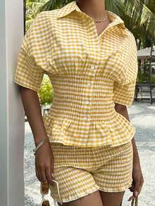 MainGRL 2pcs Casual Set, Including Plaid Shirt Collar Top And Matching Elastic Waist Shorts, Yellow Plaid 2 Pieces Set, Women Short Sleeve 2 Pieces Outfit - Yellow - View 5