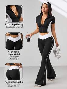Dewbera Women's Black And White Summer Sexsy Gym Sports Yoga Suit,Short Sleeve Zip-Up Jacket,V-Shape Contrast Waistband Flared Leg Pants,Side Stripe Accent - Black - View 1