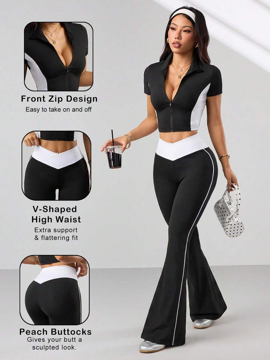 Dewbera Women's Black And White Summer Sexsy Gym Sports Yoga Suit,Short Sleeve Zip-Up Jacket,V-Shape Contrast Waistband Flared Leg Pants,Side Stripe Accent - Black - View 1