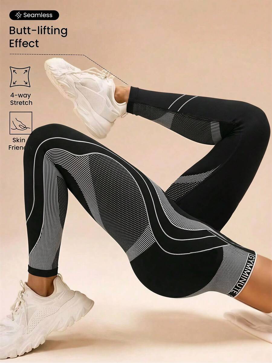 SHEIN Dewbera Quần legging cạp cao kẻ sọc dành cho nữ - màu đen - Xem 1
