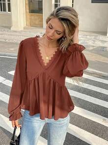 Serisse Blusa de manga larga con cuello en V, unicolor, con volantes y parches de encaje para el verano - Rojo - Ver 3