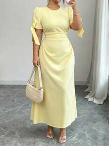 Elenzga Vestido de vacaciones elegante y ajustado de unicolor para tallas grandes - Amarillo - Ver 5