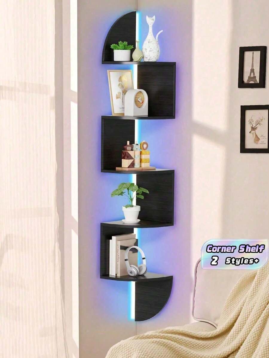 1 Kệ treo tường góc bán nguyệt 5 tầng tiết kiệm không gian, chất liệu gỗ vân mộc mạc, chắc chắn, thích hợp cho phòng khách, phòng ngủ, phòng tắm, nhà bếp, văn phòng, trang trí nhà cửa. - màu đen - Xem 1