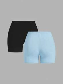 SHEIN EZwear 女款休閒極簡純色大尺碼兩件組內搭褲，適合夏季 - 彩色 - 查看 2
