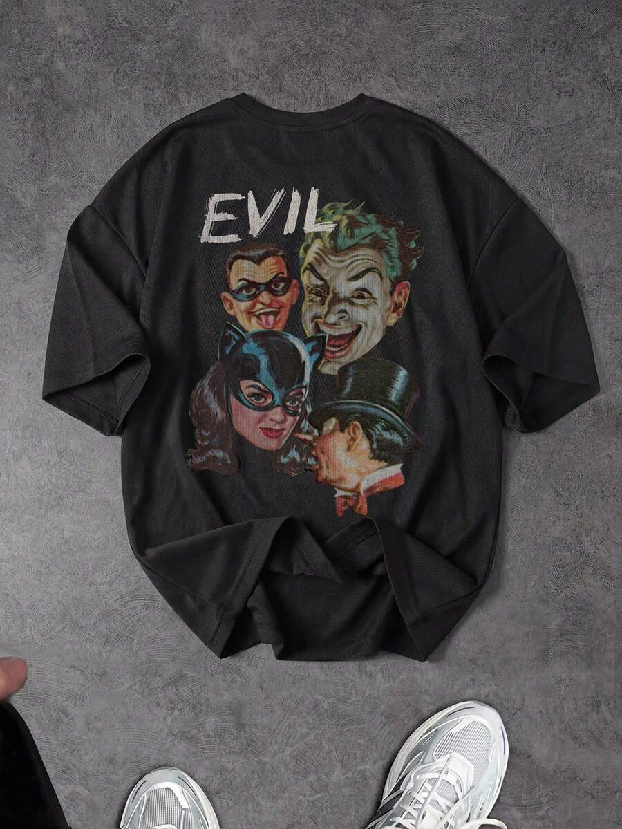 BATMAN X SHEIN Sport MetroGents Camiseta deportiva de manga corta con estampado de letras para hombre, gimnasio - Negro - Ver 1