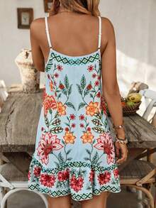 Swim Vcay Đầm đi biển nữ kiểu Bohemian in họa tiết chắp vá, vạt áo xếp ly bất đối xứng, dây đeo có thể điều chỉnh, thích hợp cho mùa hè. - Màu xanh nhạt - Xem 2