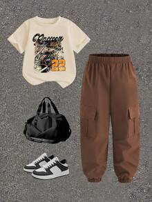 SHEIN Genkimix Kids 男童复古赛车图案T恤和工装裤套装，饰有酷炫标语，适合节日、派对、春夏穿着，休闲舒适。 - 彩色 - 查看 7
