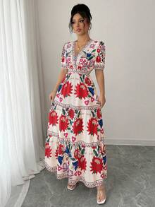 Elenzga Vestido Longo com Decote em V, Babado na Barra e Estampa Floral para Mulheres - Multicolorido - Visão 4