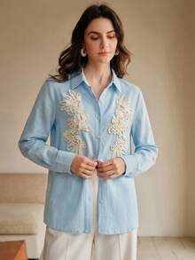 Anewsta Nueva llegada Primavera/Verano Elegante Moda Casual Salir de Vacaciones Cita Camisa de lino de manga larga bordada - Celeste - Ver 6