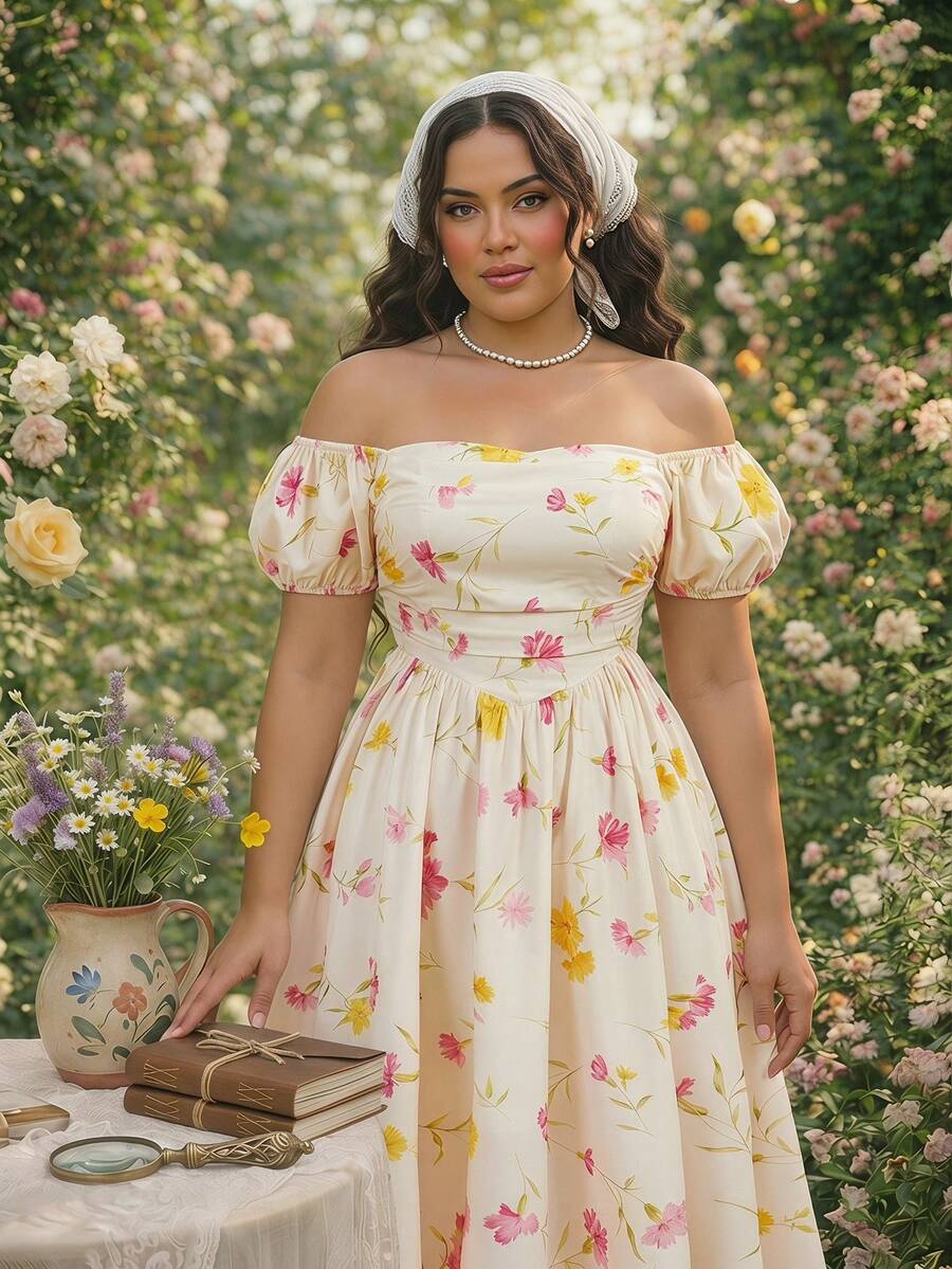 SHEIN MOD Plus Size Vintage Floral Print Off-Shoulder Puff Sleeve Long Dress,Multicolor Summer Curve Party Gown, Ruched A-Line Flowing Picnic Beachwear - Yellow - View 1