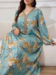 Al Najma 大码女式印花V领阿拉伯风格连衣裙 - 綠色 - 查看 1