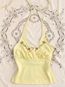 Airaco Women's Floral Embroidered Casual Halter Neck Tank Top - Light Yellow - View 1