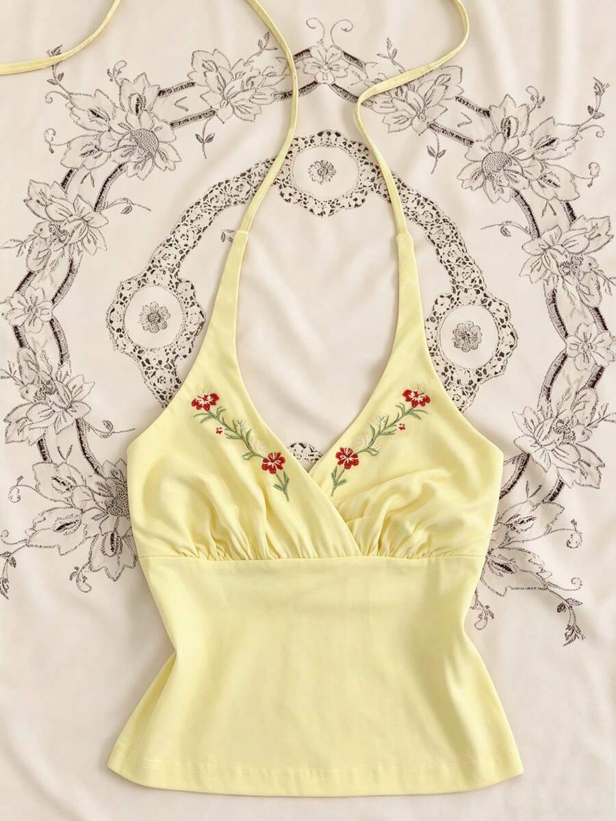 Airaco Women's Floral Embroidered Casual Halter Neck Tank Top - Light Yellow - View 1