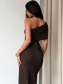 Aloruh Elegant Dark Brown Summer Dress,One Shoulder Ruffle Mesh Lace Patchwork See-Through Waist Slim Fit,Dining Vacation Holiday Wedding Guest Beach Dress - Brown - View 11