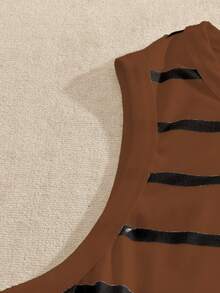 Plus Size Women Striped Round Neck Casual Versatile Tank Top - Brown - View 4