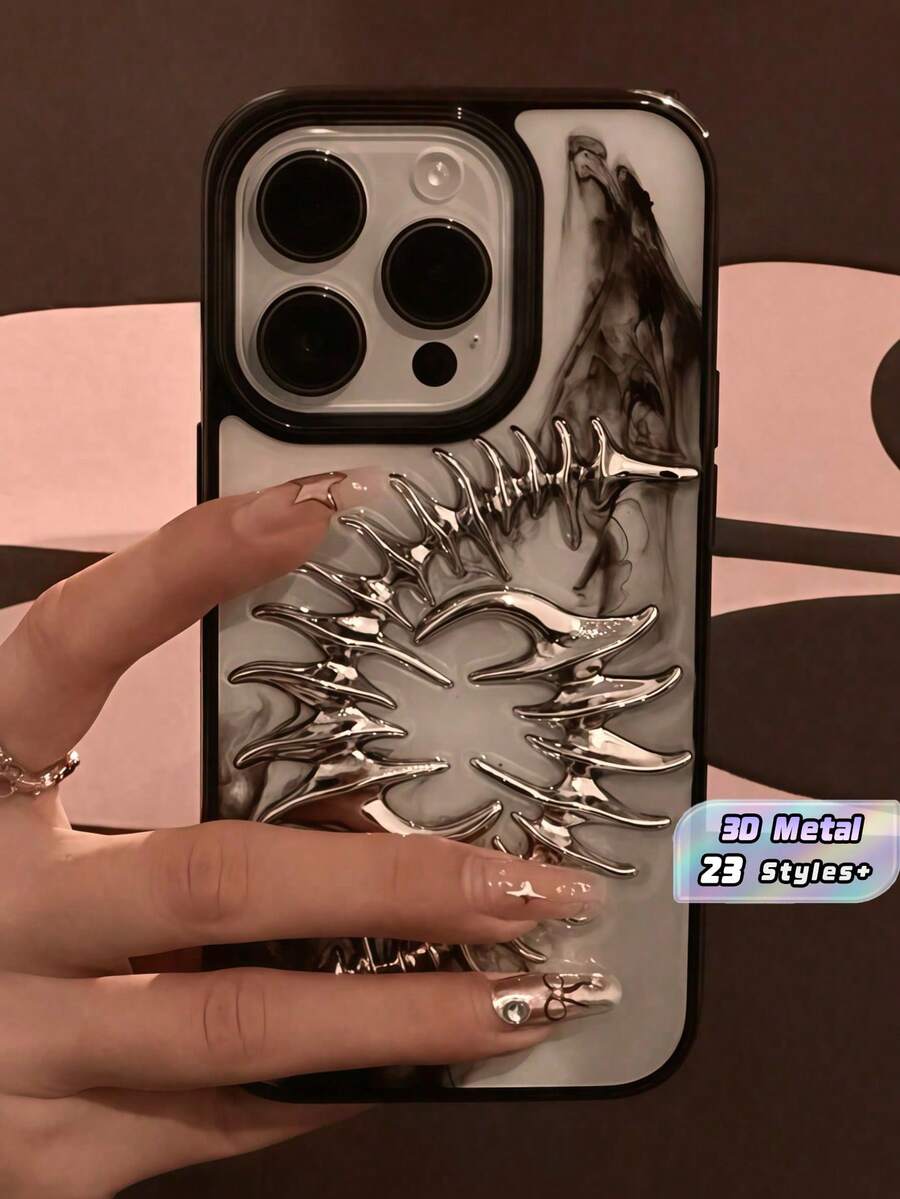 3D Metal Fishbone Case - Clear Soft Silicone Cover With Punk Style Camera Protection For 17-11 Pro Max - Double Fishbone - View 1