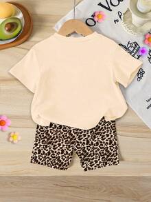 Summer Baby Girl Casual Multi-Piece Set, Brown & Apricot Leopard Print Cartoon Rabbit Pattern, Round Neck Short Sleeve T-Shirt & Shorts - Multicolor - View 2
