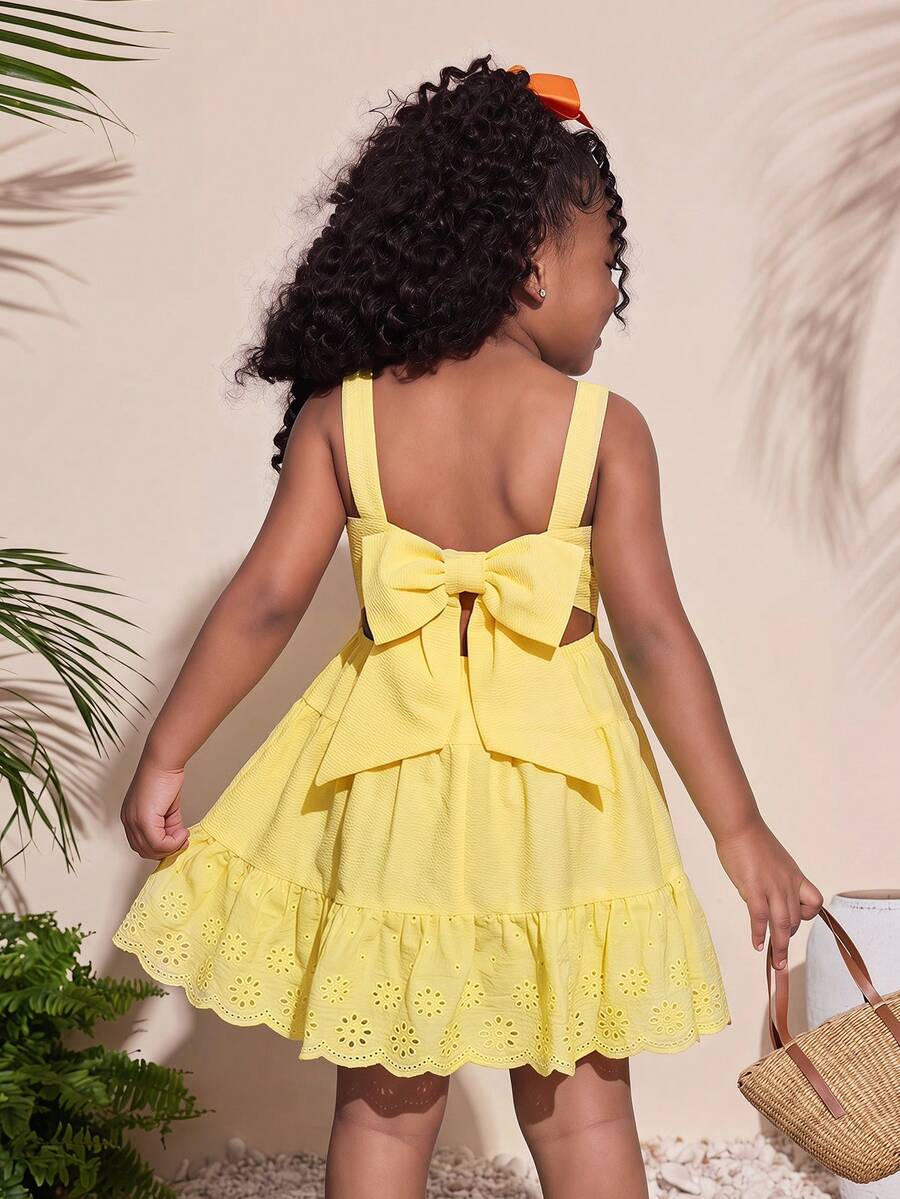 Đầm hoa xếp tầng màu vàng dễ thương, kiểu dáng thường ngày, dây mảnh, hở lưng, nơ ở gấu, dành cho bé gái, thích hợp đi nghỉ mát. - Màu vàng - Xem 1