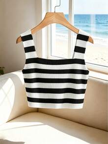 Franclia Women's Summer Black And White Striped Knit Vest, Casual Vacation Ribbed Sleeveless Wide Strap Short Camisole, Minimalist Daily Festival Outfits - Black and White - View 3
