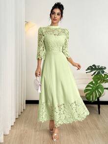Modelyn Đầm maxi dài tay màu vàng thêu lỗ họa tiết, phối nhiều mảnh dành cho nữ - màu xanh lá - Xem 5