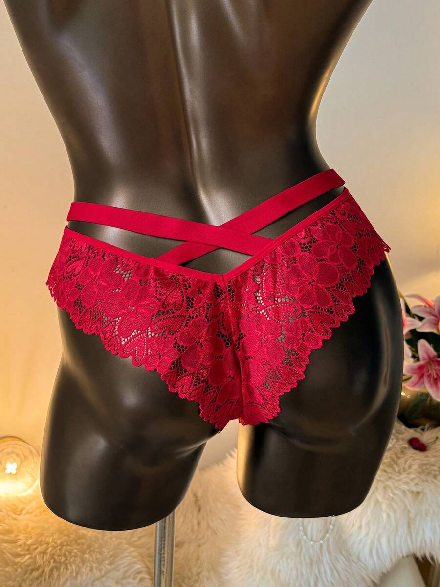 SHEIN Privé Plus Size Women's Cross Waist Sexy Lace Triangle String Panties Lingerie - Red - View 1