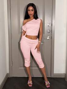 Slaydiva Women's 2 Pieces Pink Summer Casual Sexy Night Out Date Everyday Club Set,Off-The-Shoulder Drawstring Short Top Seven-Inch Cycling Pants, Y2K Outfit - Pink - View 5