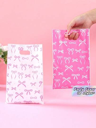 SHEIN 10 25 50 Pieces Pink And White Bow Gift Bags Handheld Party Favor Tote Packaging Bags For Birthday Wedding Bridal Shower Baby Shower Gender Reveal Party Supplies Essential Must Have