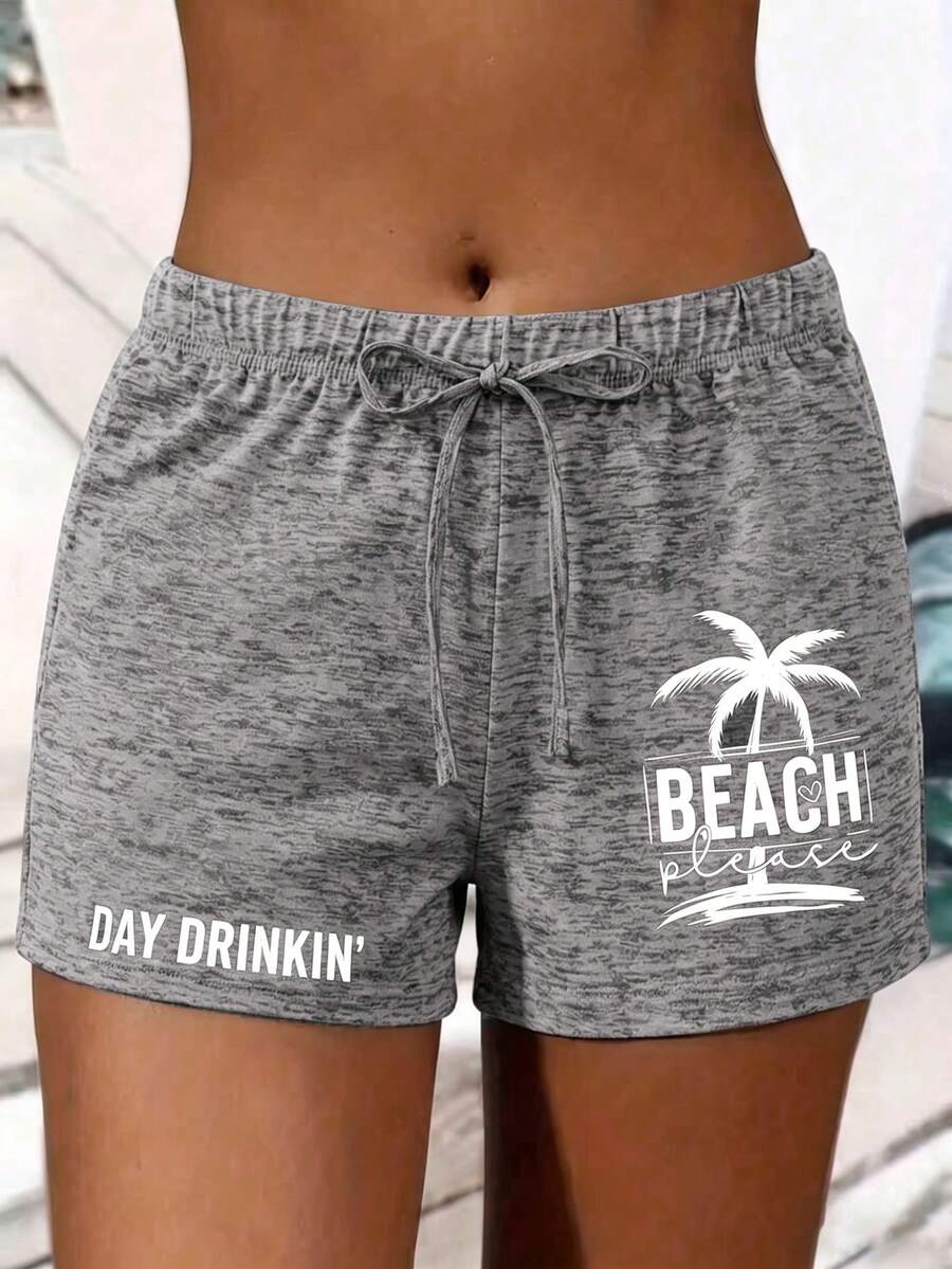 EMERY ROSE Short à taille nouée avec imprimé lettres et palmiers pour femmes - Gris - Voir 1