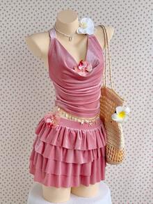 Comfortcana Bộ đồ nữ gồm áo hai mảnh buộc cổ, nhún bèo và chân váy xếp ly ngắn, kiểu dáng thường ngày. - Màu Hồng baby - Xem 7