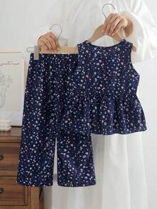 SHEIN Vintaside Kids Bộ đồ hai mảnh họa tiết hoa cho bé gái, áo không tay màu nâu đính nơ + quần ống rộng cùng màu, trang phục thường ngày ngọt ngào và dễ thương, thích hợp cho mùa hè. - Màu xanh lam - Xem 2