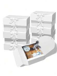 SHEIN Conjunto de 10 caixas de papel kraft branco com tampa e laço de fita, 3 tamanhos disponíveis para lembrancinhas de casamento, damas de honra, aniversários, Dia dos Namorados e Dia das Mães. Ideal para embalagens de presentes. - Branco - Ver 10