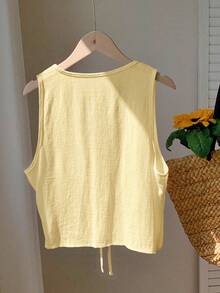 Comfortcana Áo khoác cardigan không tay, màu trơn, thắt nơ phía trước, dành cho nữ cỡ lớn, màu vàng. - Màu vàng - Xem 2